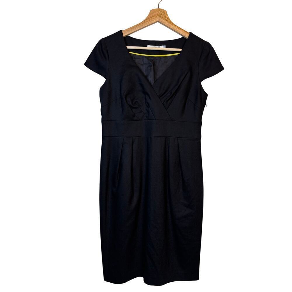 Boden 100% Wool Surplice Neck Sheath Dress Size 6R Black Cap Sleeve Business